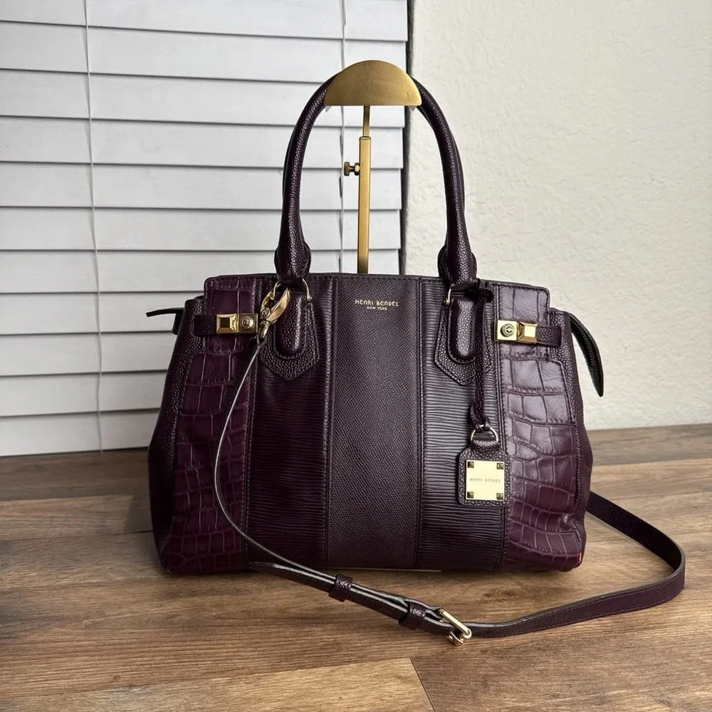 Henri Bendel Leather Patchwork Satchel Burgundy Croc Embossed Limited Edition